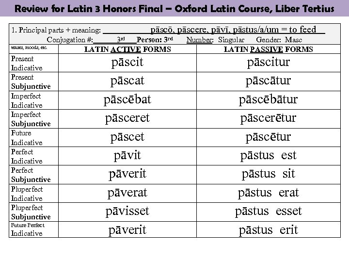 Review for Latin 3 Honors Final – Oxford Latin Course, Liber Tertius 1. Principal