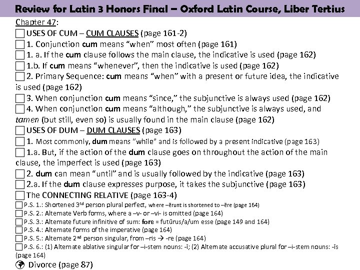 Review for Latin 3 Honors Final – Oxford Latin Course, Liber Tertius Chapter 47: