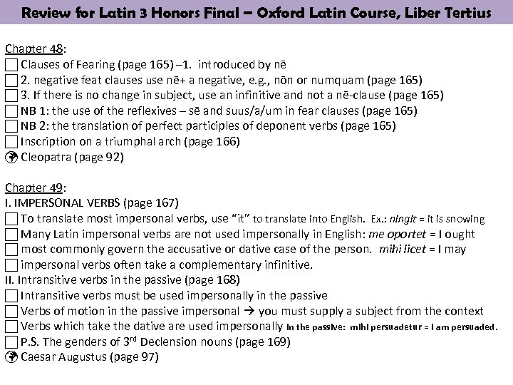 Review for Latin 3 Honors Final – Oxford Latin Course, Liber Tertius Chapter 48: