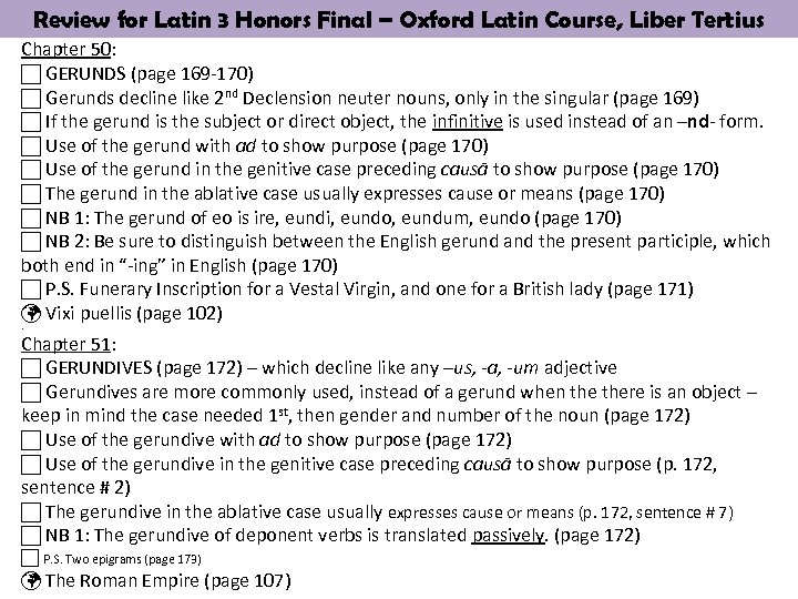 Review for Latin 3 Honors Final – Oxford Latin Course, Liber Tertius Chapter 50:
