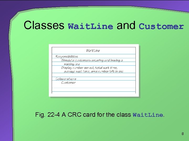 Classes Wait. Line and Customer Fig. 22 -4 A CRC card for the class
