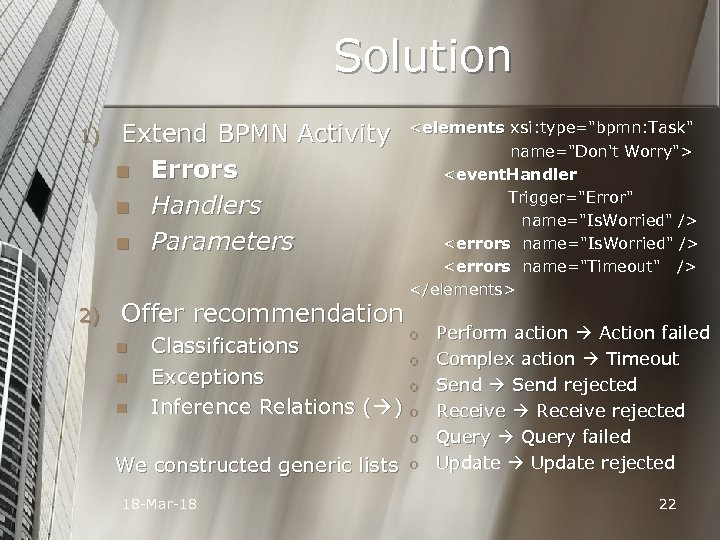 Solution 1) 2) Extend BPMN Activity n Errors n Handlers n Parameters Offer recommendation