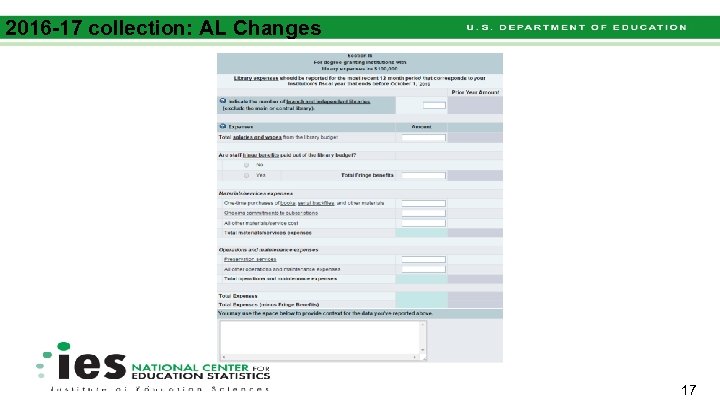 2016 -17 collection: AL Changes National Center for Education Statistics 17 