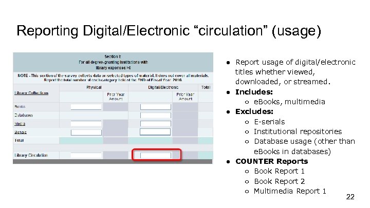 Reporting Digital/Electronic “circulation” (usage) ● Report usage of digital/electronic titles whether viewed, downloaded, or