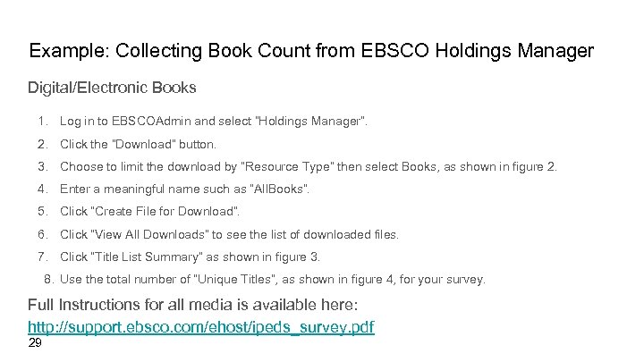 Example: Collecting Book Count from EBSCO Holdings Manager Digital/Electronic Books 1. Log in to