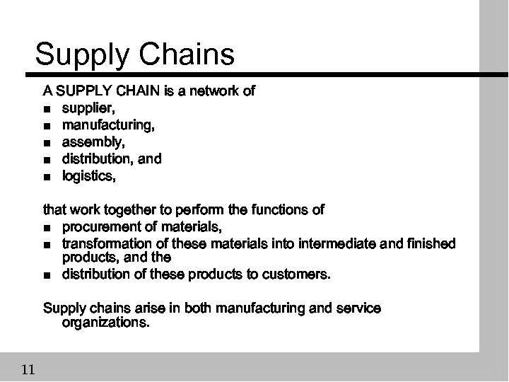 Supply Chains A SUPPLY CHAIN is a network of n supplier, n manufacturing, n