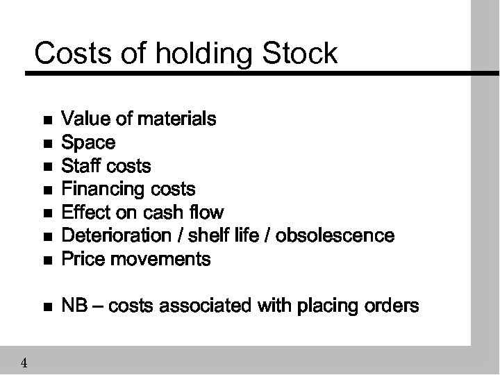 Costs of holding Stock n Value of materials Space Staff costs Financing costs Effect