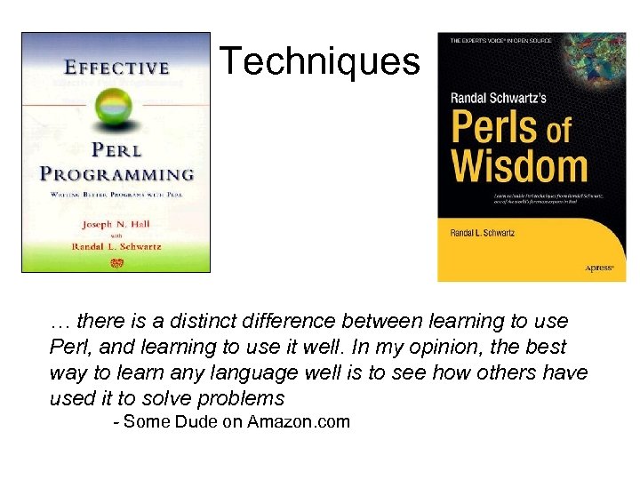 Techniques … there is a distinct difference between learning to use Perl, and learning