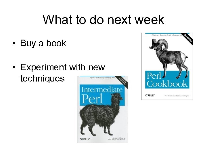 What to do next week • Buy a book • Experiment with new techniques