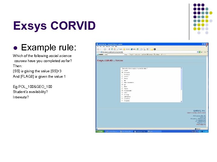 Exsys CORVID l Example rule: Which of the following social science courses have you