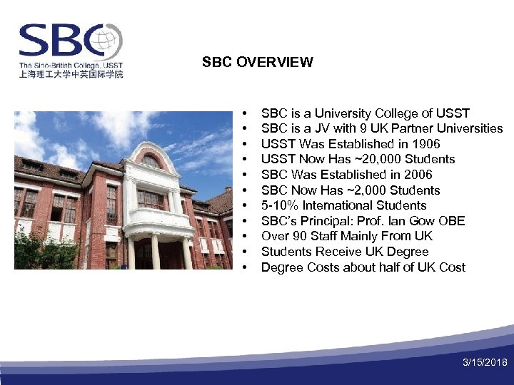 SBC OVERVIEW • • • SBC is a University College of USST SBC is