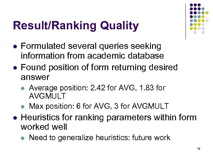 Result/Ranking Quality l l Formulated several queries seeking information from academic database Found position