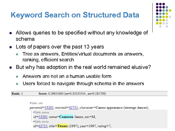Keyword Search on Structured Data l l Allows queries to be specified without any