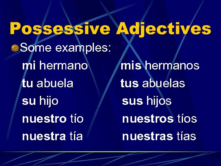 Possessive Adjectives Some examples: mi hermano mis hermanos tu abuela tus abuelas su hijo