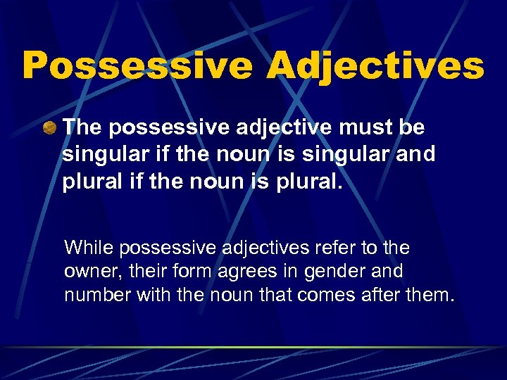 Possessive Adjectives The possessive adjective must be singular if the noun is singular and