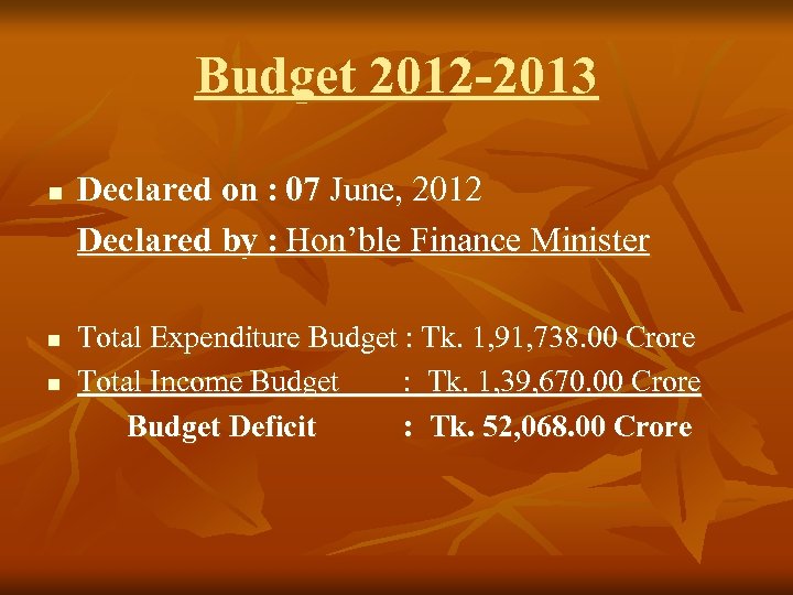 Budget 2012 -2013 n n n Declared on : 07 June, 2012 Declared by