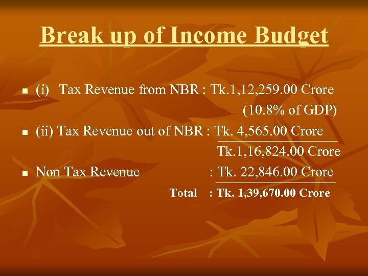 Break up of Income Budget n n n (i) Tax Revenue from NBR :