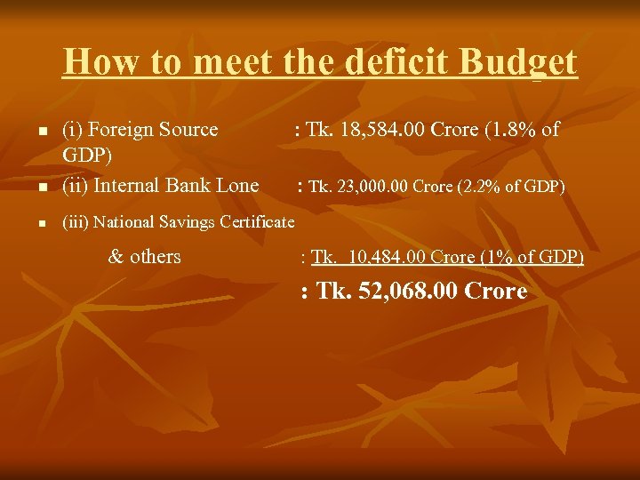 How to meet the deficit Budget n (i) Foreign Source GDP) (ii) Internal Bank