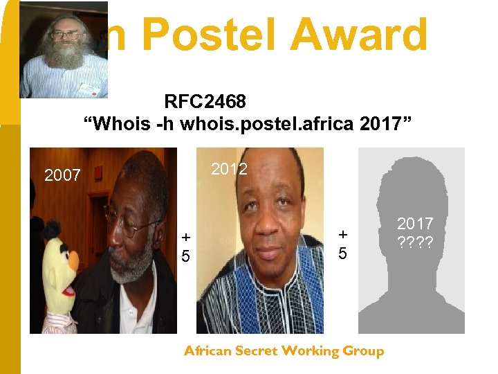 Jon Postel Award RFC 2468 2007 -h whois. postel. africa 2017” “Whois 2017 2012