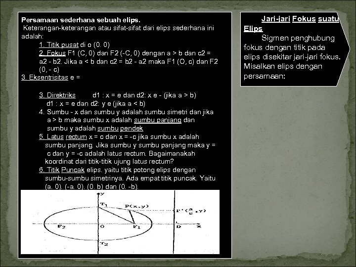 Persamaan sederhana sebuah elips. Keterangan keterangan atau sifat dari elips sederhana ini adalah: 1.