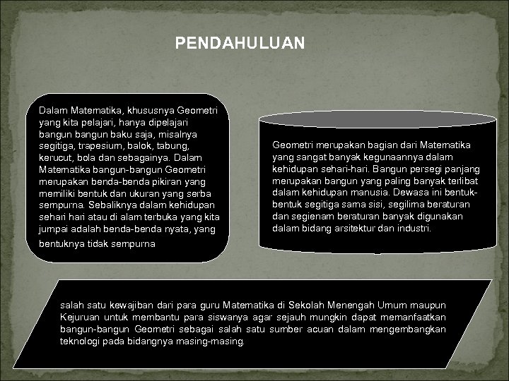 PENDAHULUAN Dalam Matematika, khususnya Geometri yang kita pelajari, hanya dipelajari bangun baku saja, misalnya