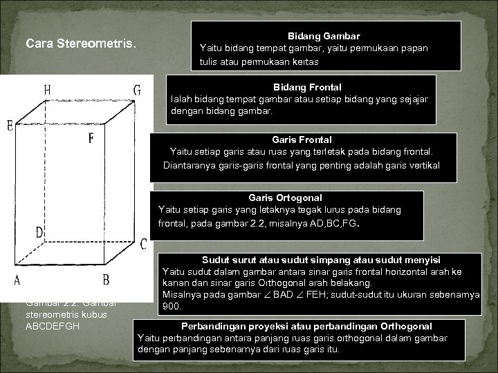 Cara Stereometris. Bidang Gambar Yaitu bidang tempat gambar, yaitu permukaan papan tulis atau permukaan