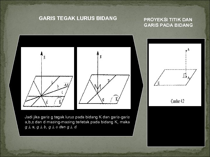GARIS TEGAK LURUS BIDANG Jadi jika garis g tegak lurus pada bidang K dan