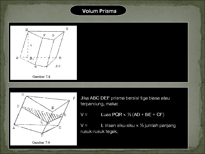 Volum Prisma Jika ABCD EFGH prisma sembarang, maka V = Luas ABCD , V
