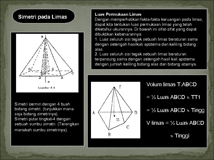 Simetri pada Limas Luas Permukaan Limas Dengan memperhatikan fakta keruangan pada limas, dapat kita