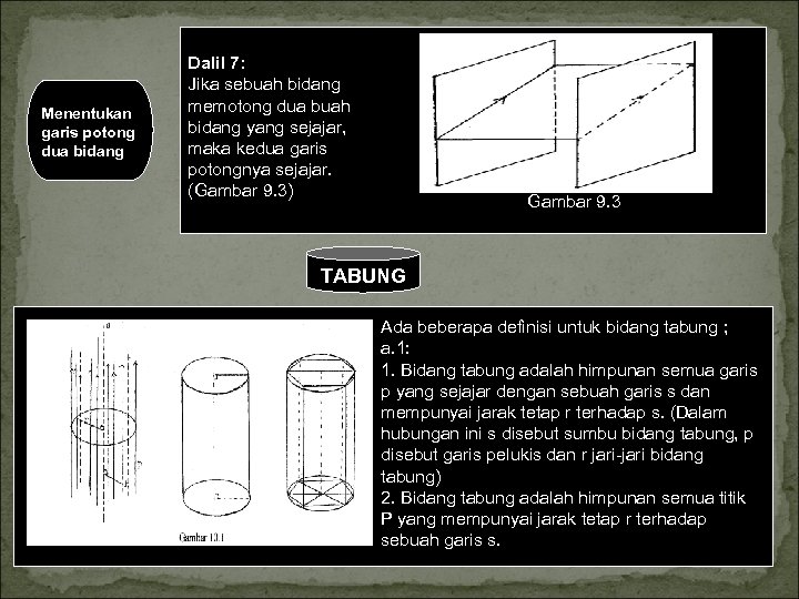 Menentukan garis potong dua bidang Dalil 7: Jika sebuah bidang memotong dua buah bidang
