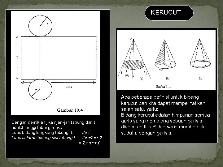 KERUCUT Dengan demikian jika r jari tabung dan t adalah tinggi tabung maka Luas
