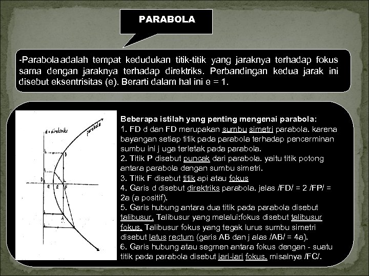 PARABOLA Parabola adalah tempat kedudukan titik yang jaraknya terhadap fokus sama dengan jaraknya terhadap