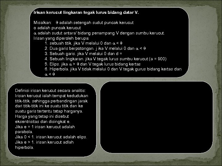 Irisan kerucut lingkaran tegak lurus bidang datar V. Misalkan: adalah setengah sudut puncak kerucut