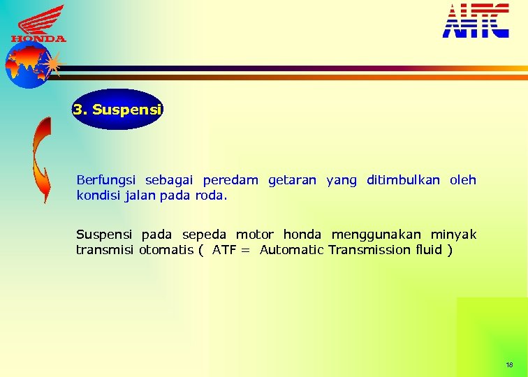 3. Suspensi Berfungsi sebagai peredam getaran yang ditimbulkan oleh kondisi jalan pada roda. Suspensi