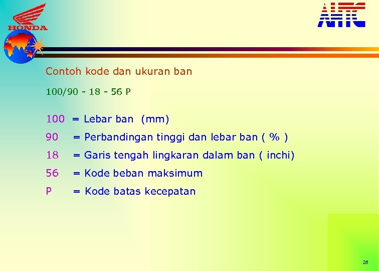 Contoh kode dan ukuran ban 100/90 - 18 - 56 P 100 = Lebar