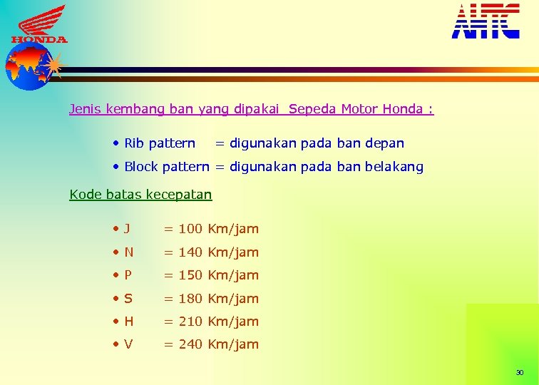 Jenis kembang ban yang dipakai Sepeda Motor Honda : • Rib pattern = digunakan