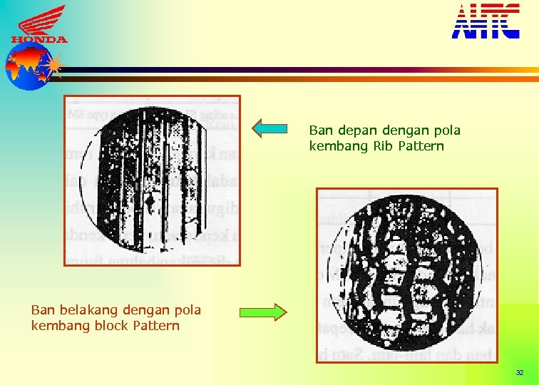 Ban depan dengan pola kembang Rib Pattern Ban belakang dengan pola kembang block Pattern