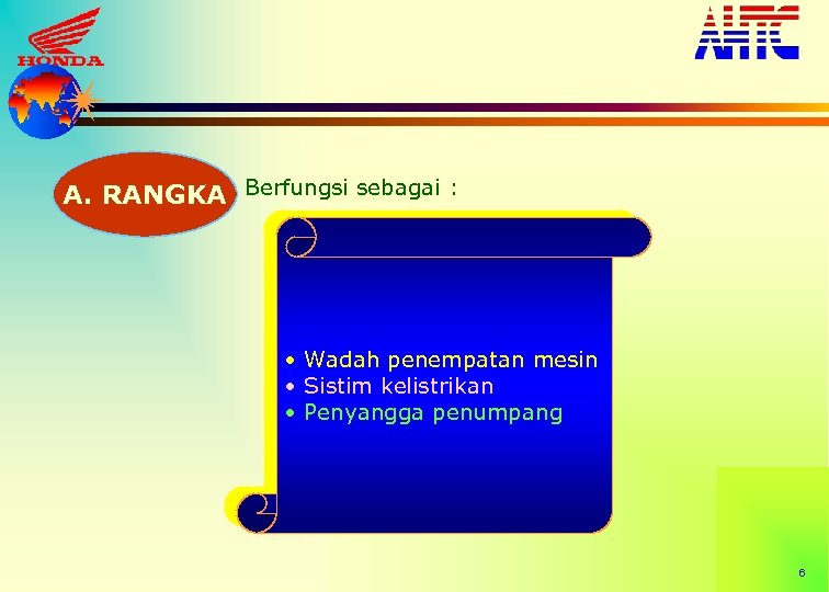A. RANGKA Berfungsi sebagai : • Wadah penempatan mesin • Sistim kelistrikan • Penyangga