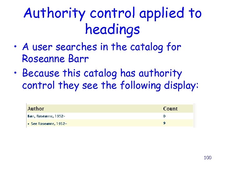 Authority control applied to headings • A user searches in the catalog for Roseanne