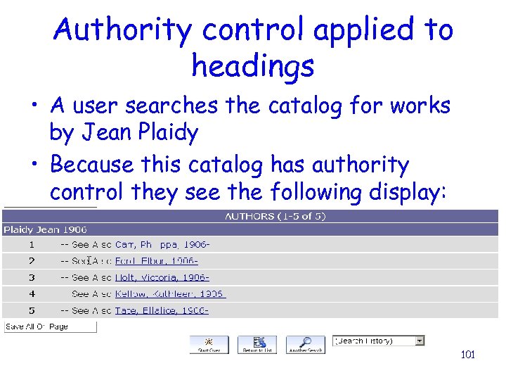 Authority control applied to headings • A user searches the catalog for works by