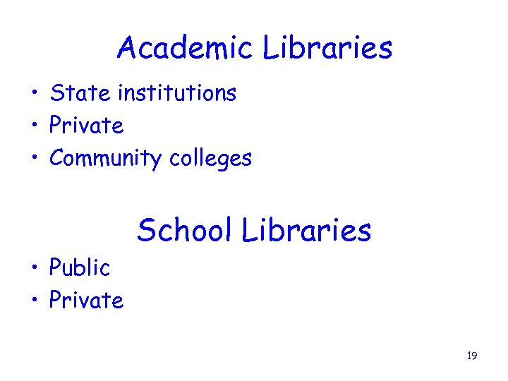 Academic Libraries • State institutions • Private • Community colleges School Libraries • Public