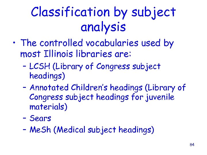 Classification by subject analysis • The controlled vocabularies used by most Illinois libraries are: