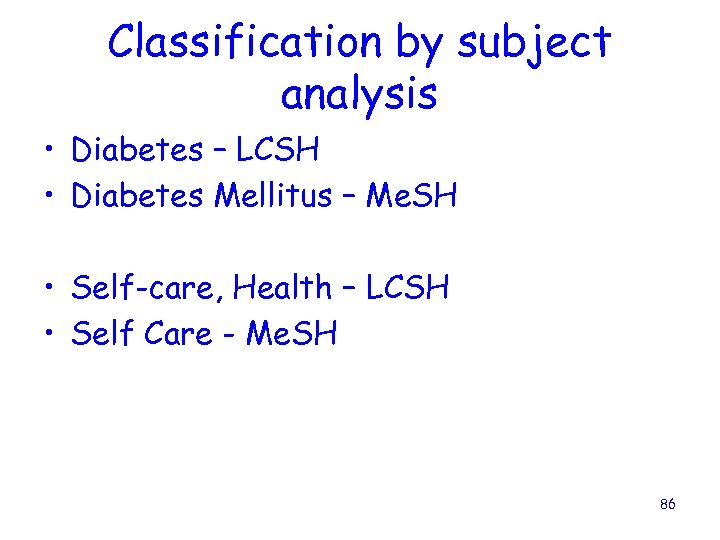 Classification by subject analysis • Diabetes – LCSH • Diabetes Mellitus – Me. SH