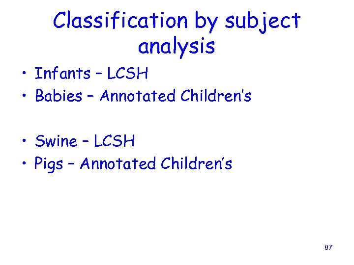 Classification by subject analysis • Infants – LCSH • Babies – Annotated Children’s •