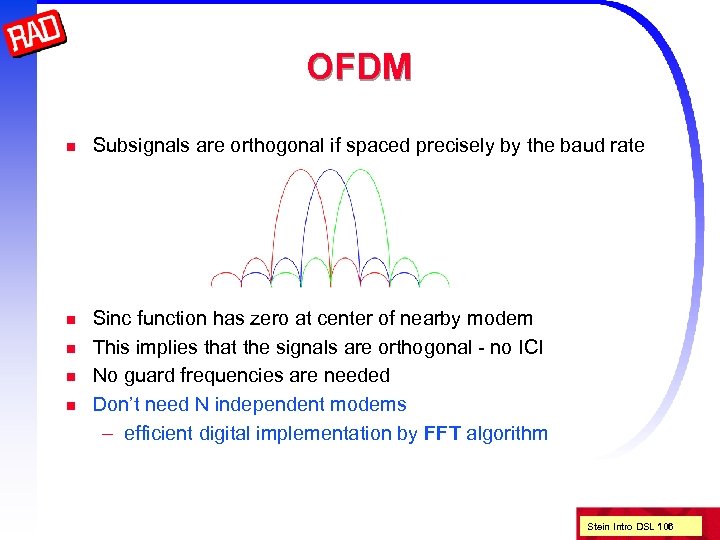 OFDM n Subsignals are orthogonal if spaced precisely by the baud rate n Sinc