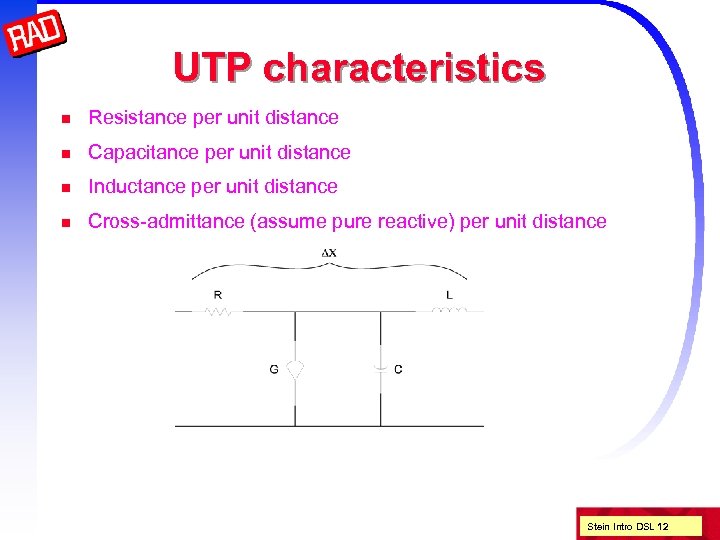 UTP characteristics n Resistance per unit distance n Capacitance per unit distance n Inductance