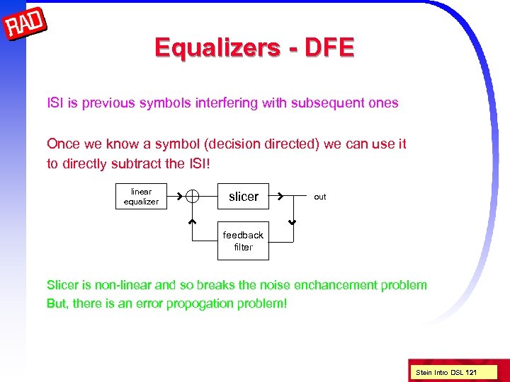 Equalizers - DFE ISI is previous symbols interfering with subsequent ones Once we know