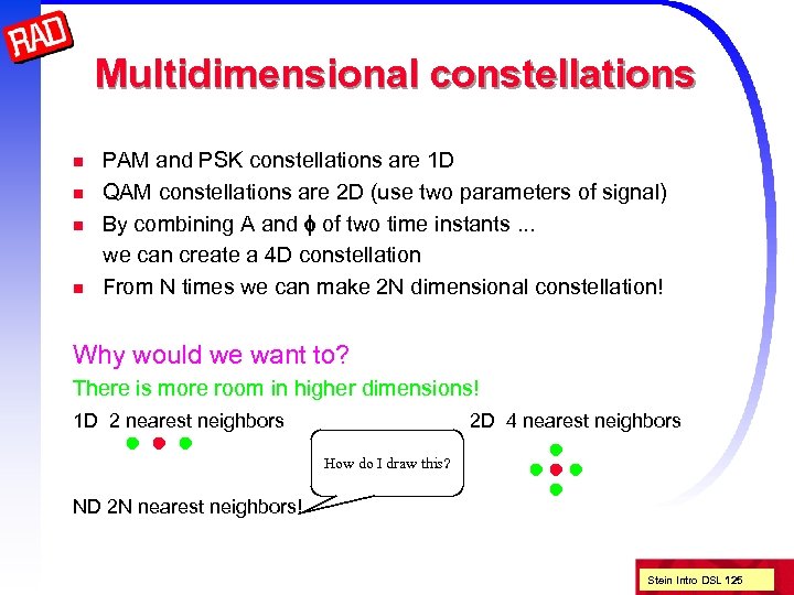 Multidimensional constellations n n PAM and PSK constellations are 1 D QAM constellations are