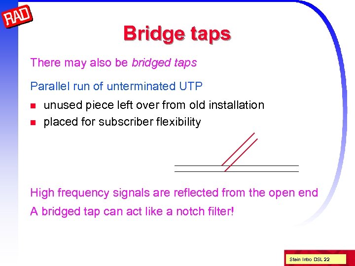 Bridge taps There may also be bridged taps Parallel run of unterminated UTP n