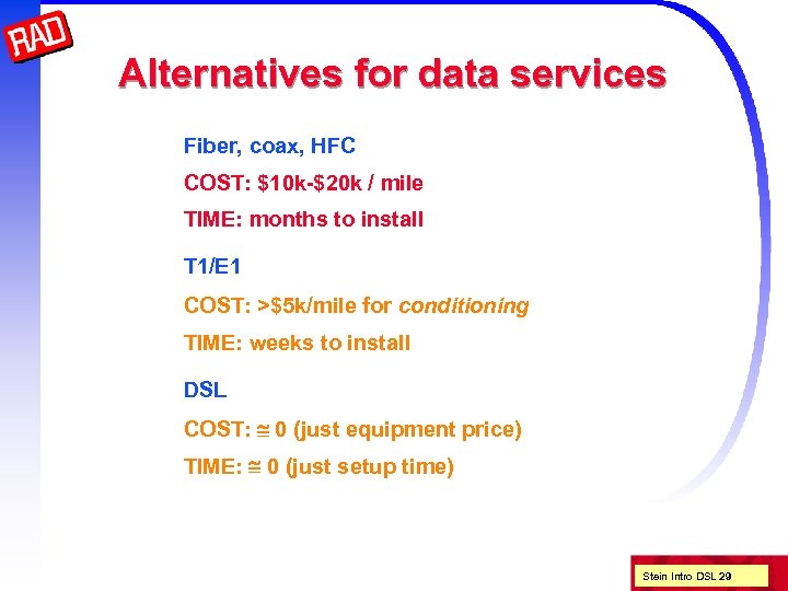 Alternatives for data services Fiber, coax, HFC COST: $10 k-$20 k / mile TIME: